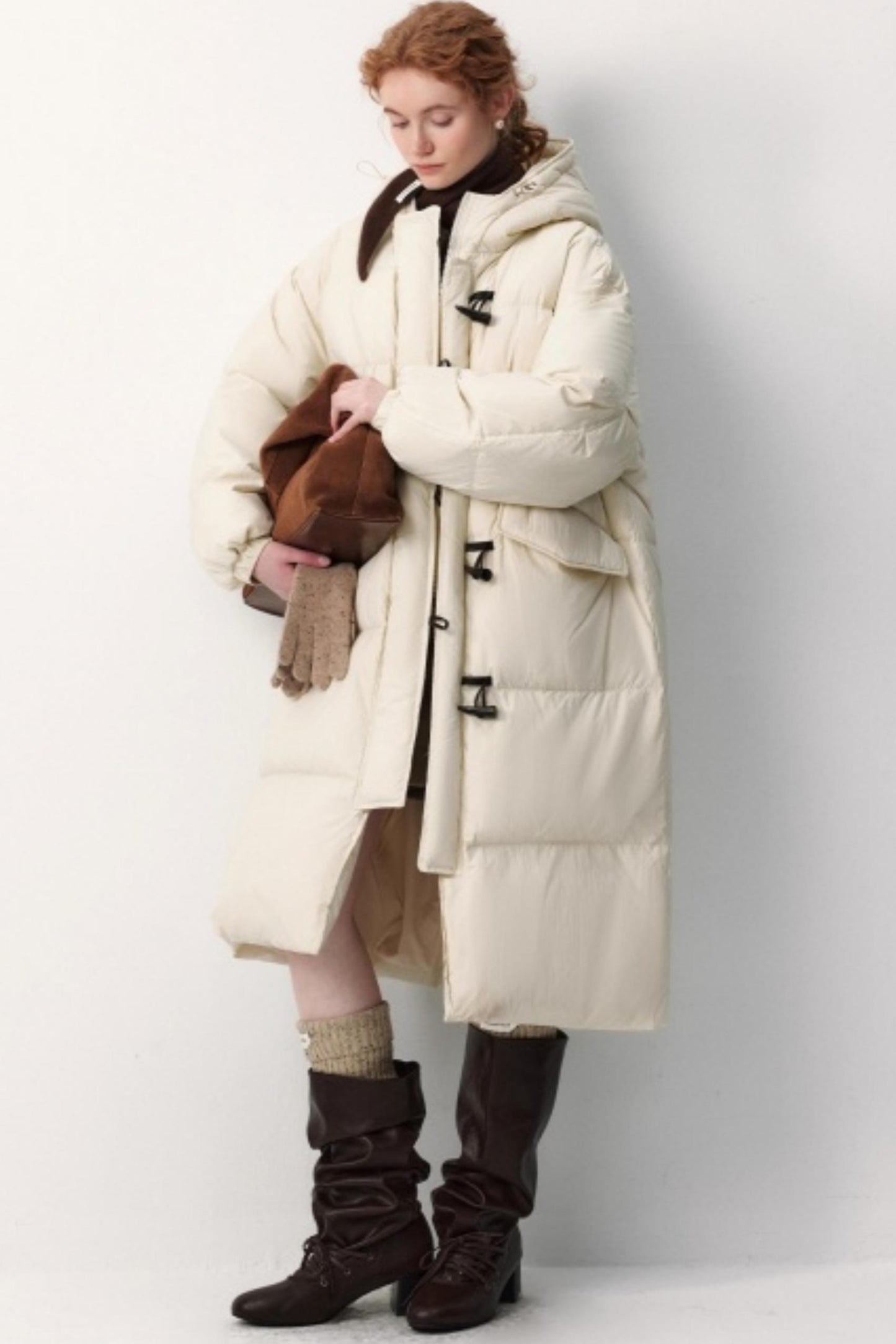Hooded Horn Button Long Down Jacket