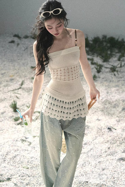 Französisches Strick-Hollow-Out-Unterhemd