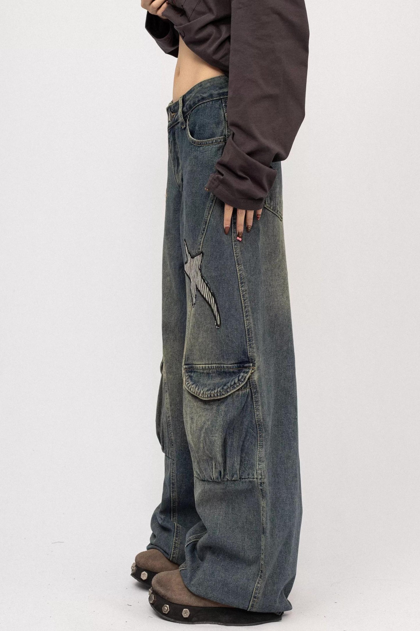 Vintage Distressed Star Embroidered Wide-Leg Cargo Pants