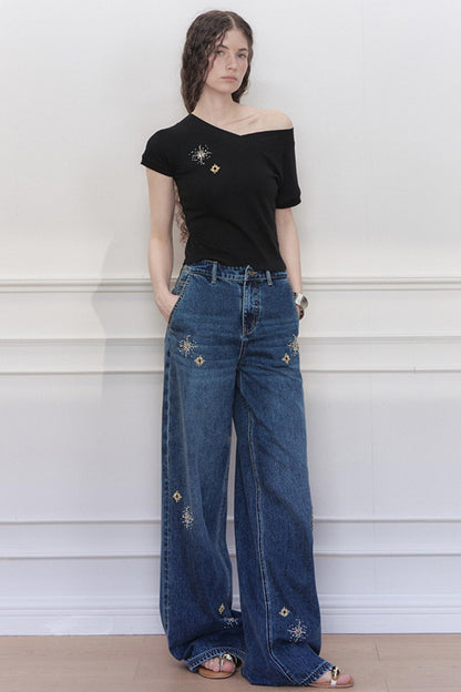 Blue Star Embroidered Wide-Leg Jeans