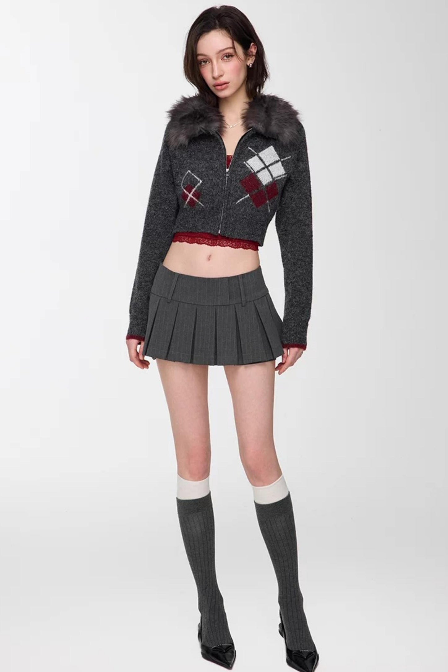 Gray Striped Pleated Skirt