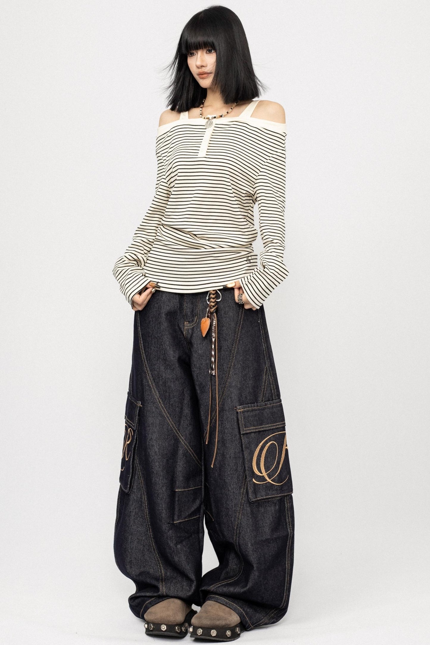 Striped Long Sleeve One Shoulder T-Shirt