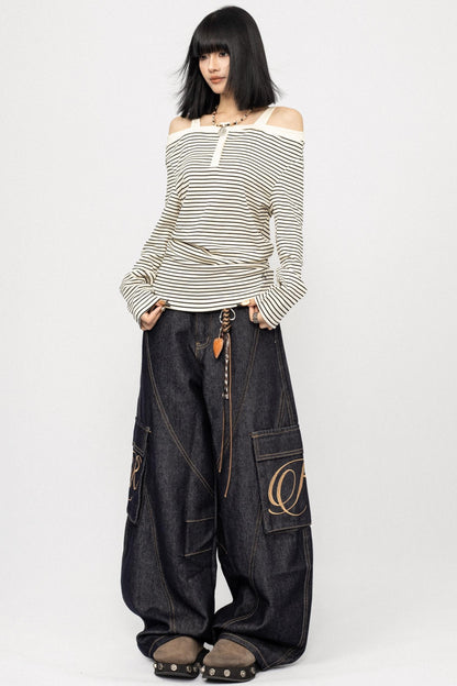 Striped Long Sleeve One Shoulder T-Shirt