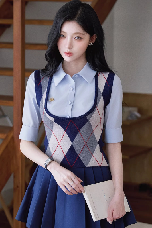 Light Blue Plaid Retro Vest Set-Up