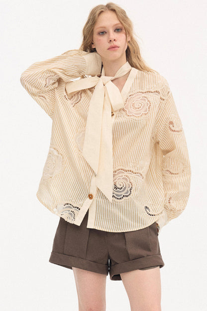 Tie-Back Bow Embroidered Shirt