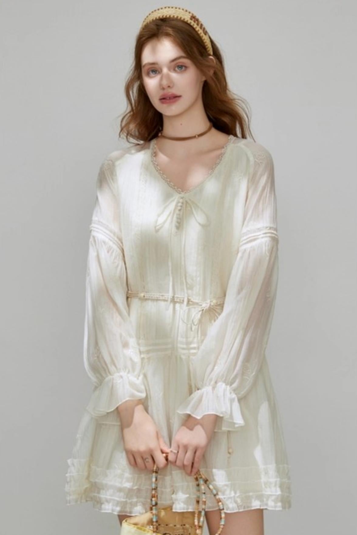 Lyocell Tencel V-Neck A-Line Short Dress