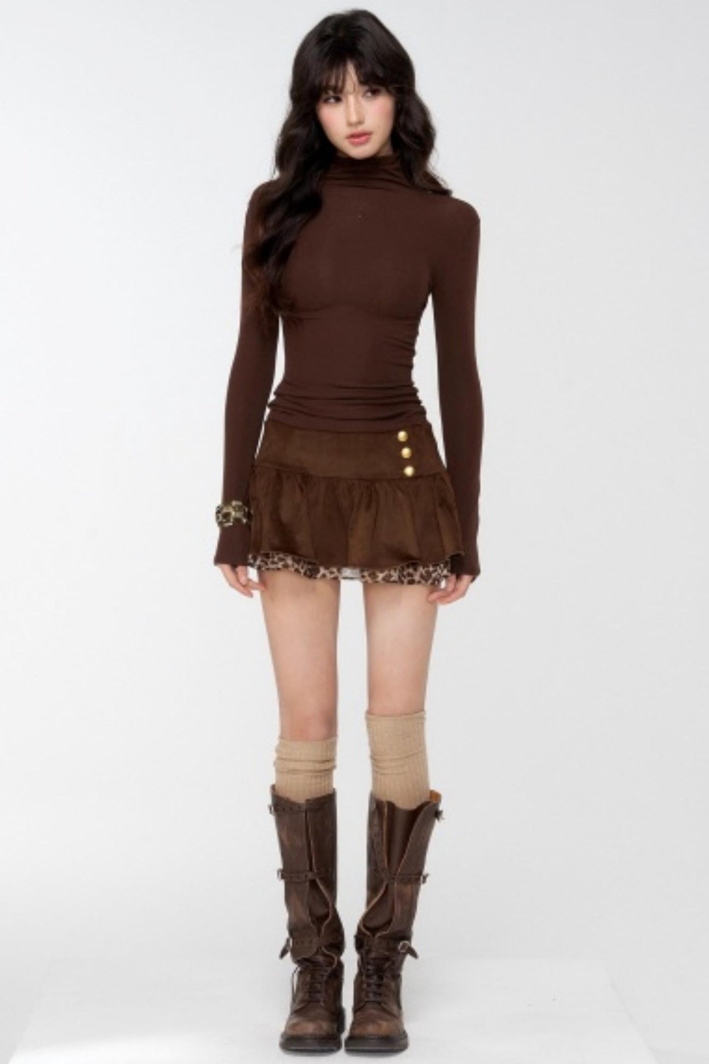 Suede Leopard Pleated Skirt