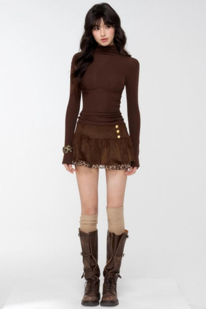 Suede Leopard Pleated Skirt