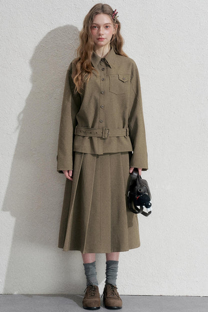 Retro Pleated Skirt With Jacket Set-Up