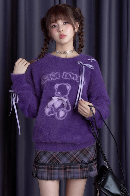 Purple Plush Bear Ribbon Sweater