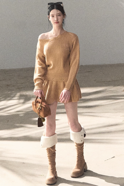 Coastal Notes Wool Off-Shoulder Dress