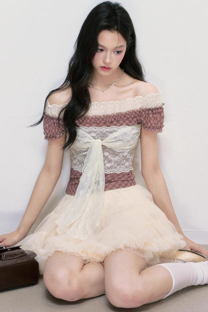 Strap Detail Off-Shoulder Lace Blouse