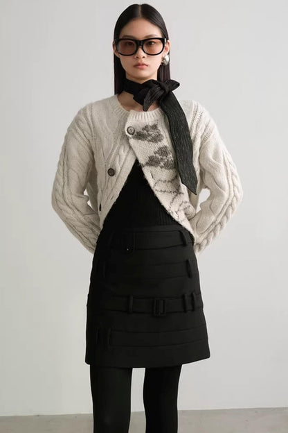 Faux Belt Patchwork Skirt