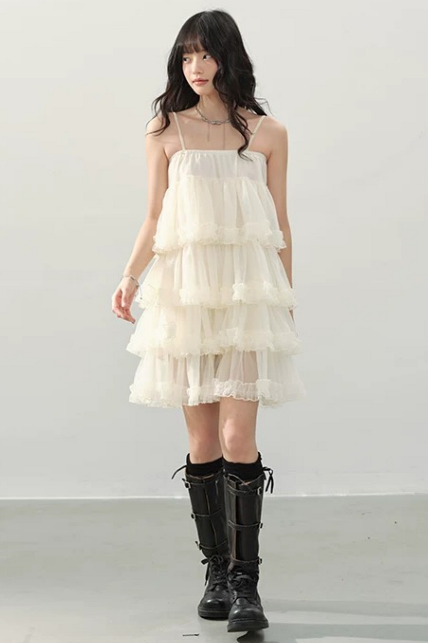 Cream Ruffled Spaghetti Strap Dress