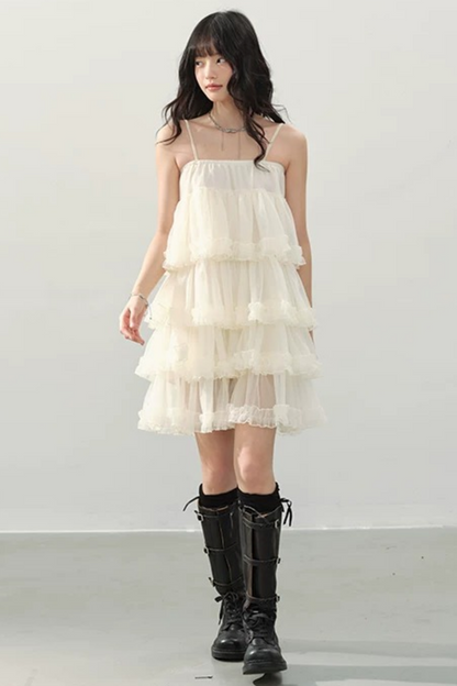 Cream Ruffled Spaghetti Strap Dress