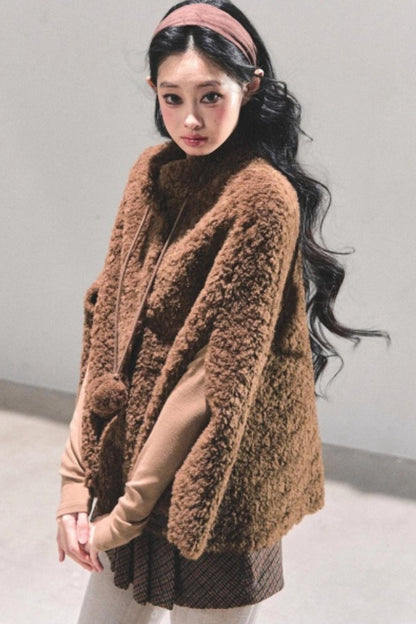 Korean-Style Lamb Wool Cape Coat