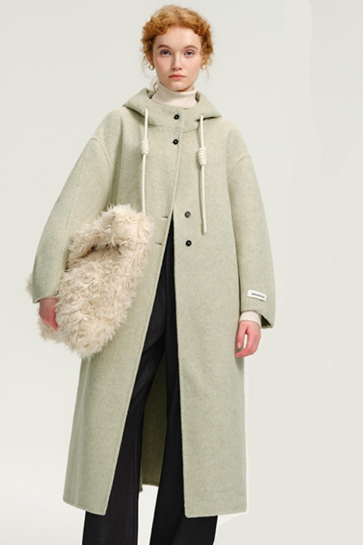 Matcha Green Long Tweed Wool Coat