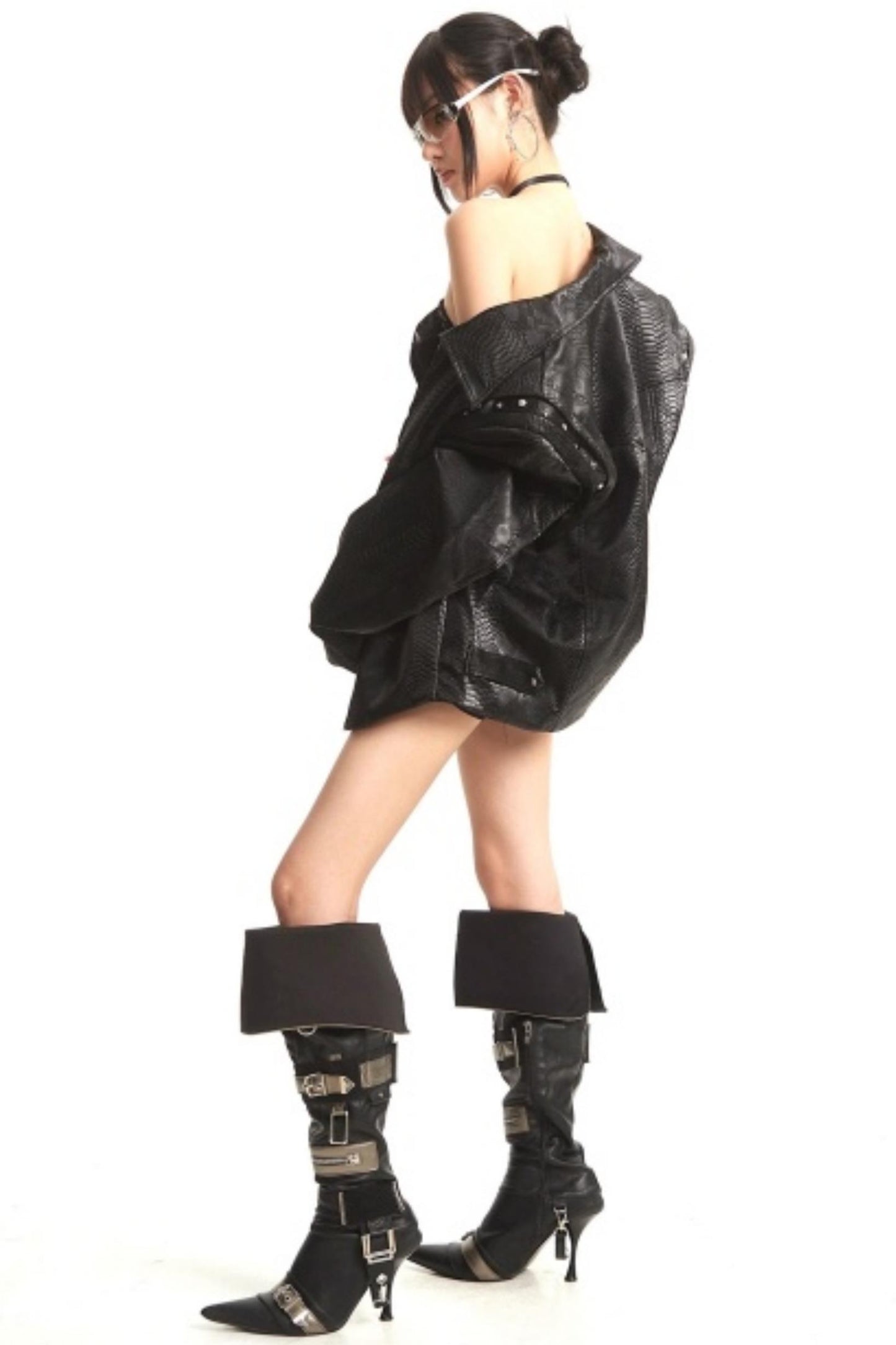 Retro Shoulder-Padded Leather Jacket