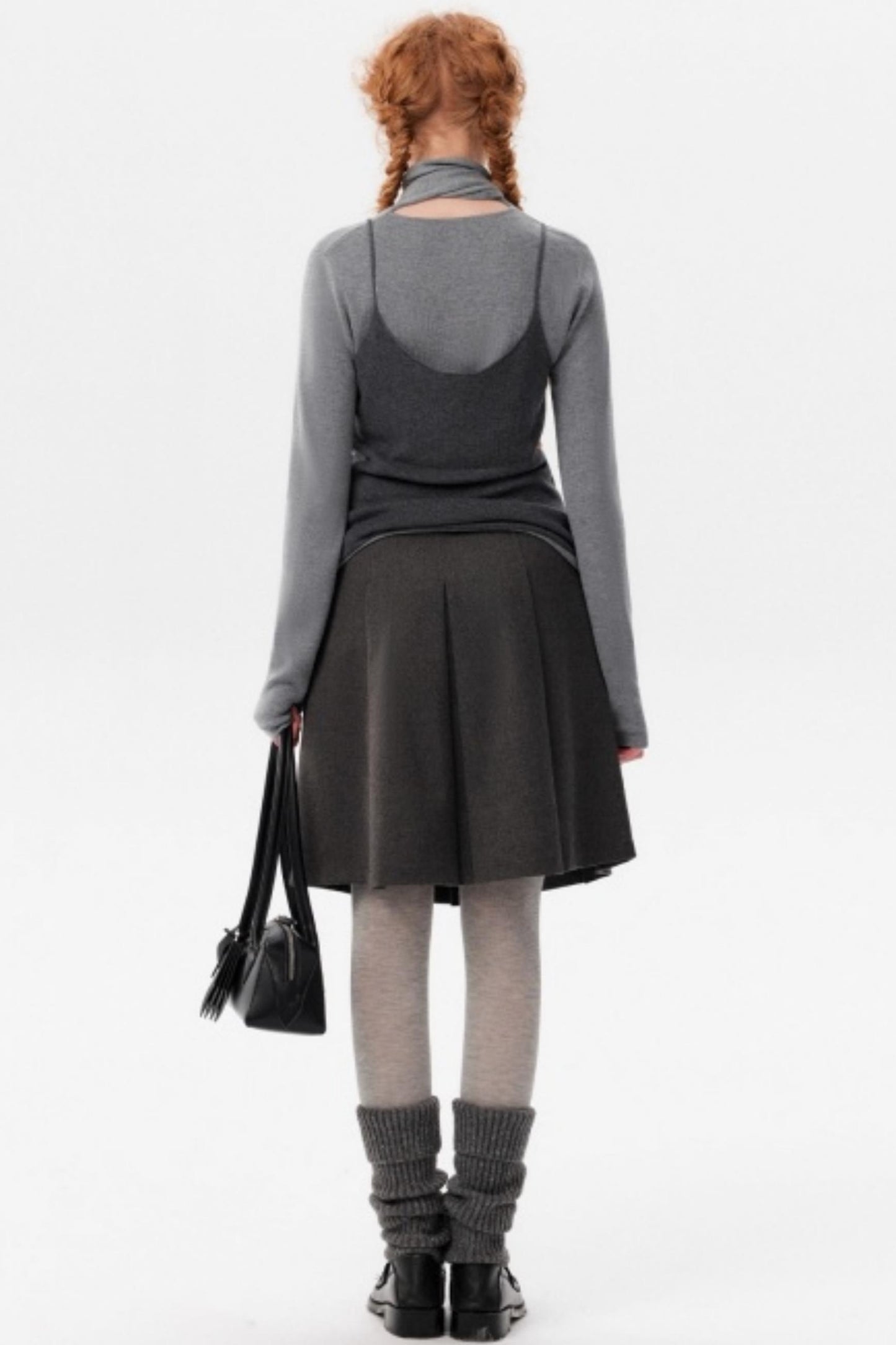 Gray Wool Scarf Collar Top Set-Up
