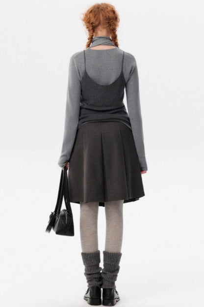 Gray Wool Scarf Collar Top Set-Up