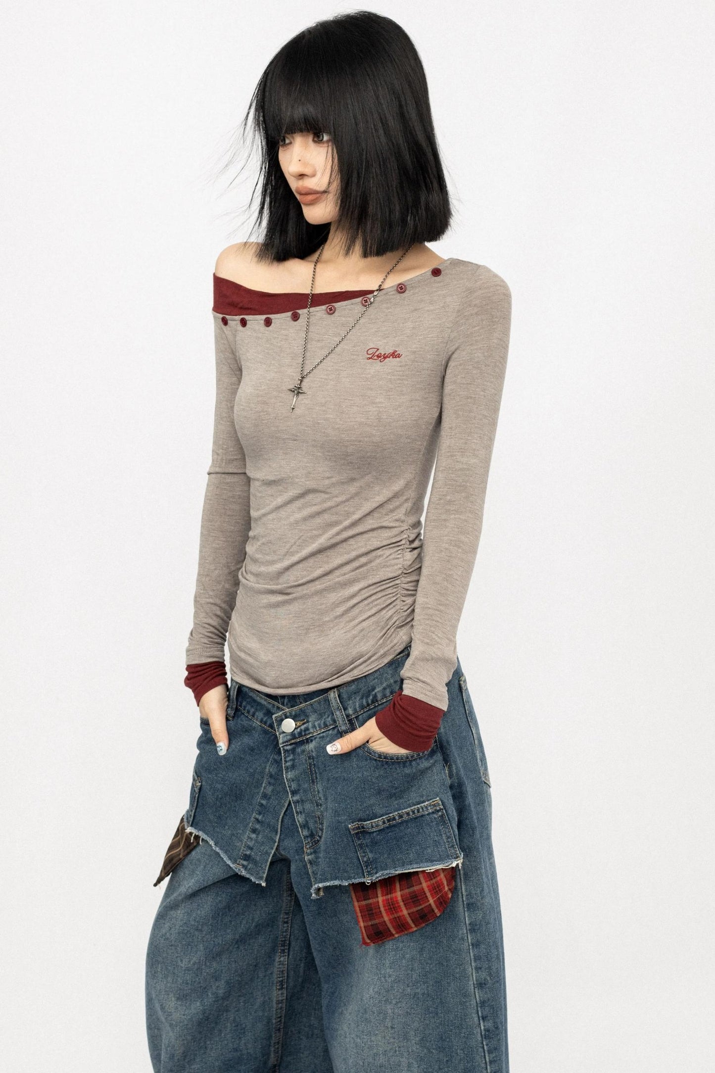 Slanted Shoulder Long Sleeve Slim Top