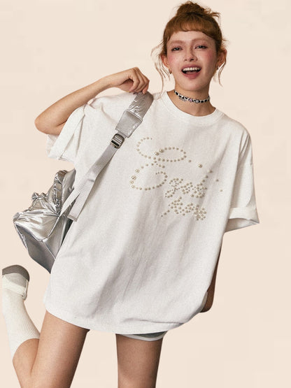 Beaded Pearl Loose Mid-Length T-shirt