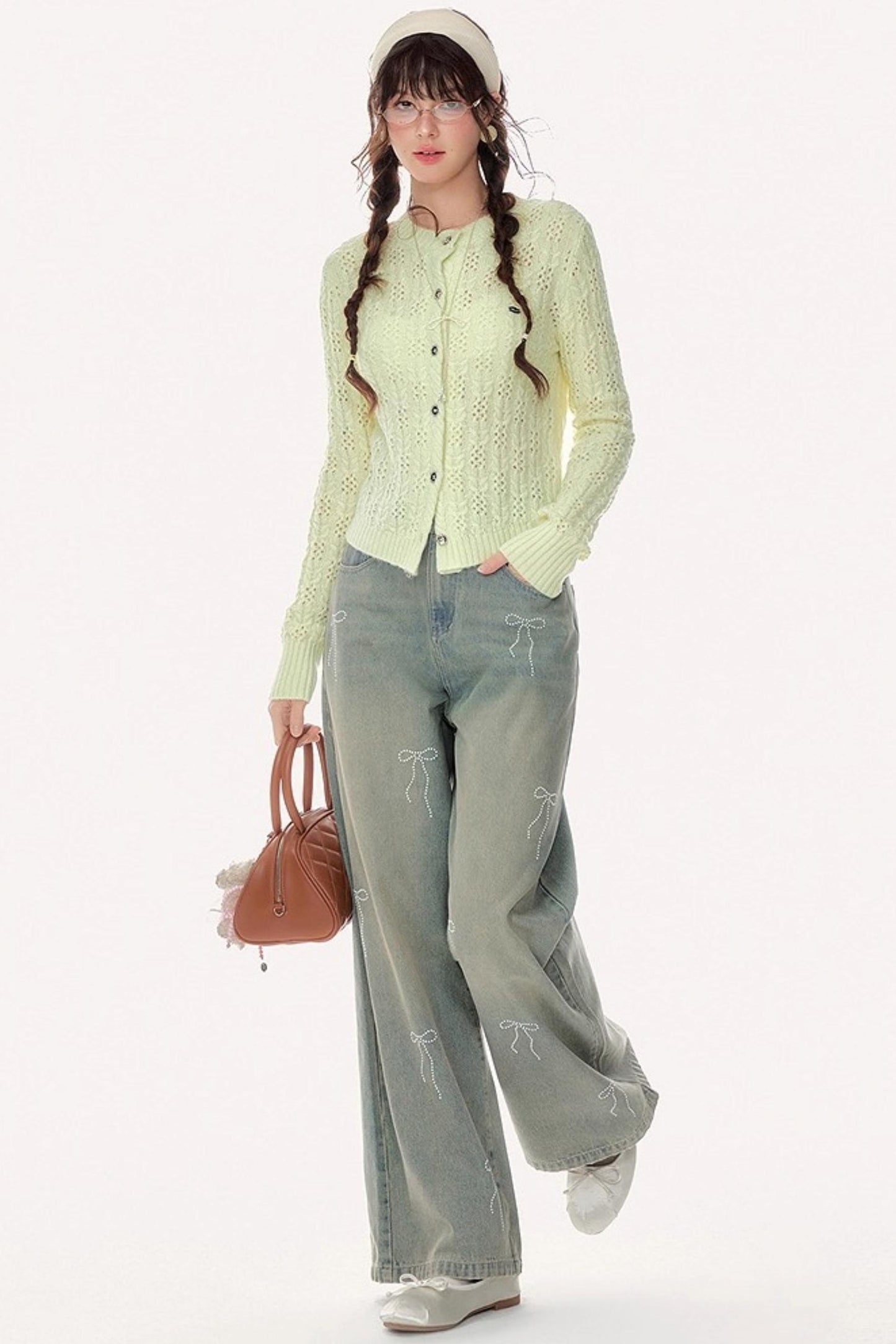 Vintage High-Waisted Diamond Bow Straight Pants