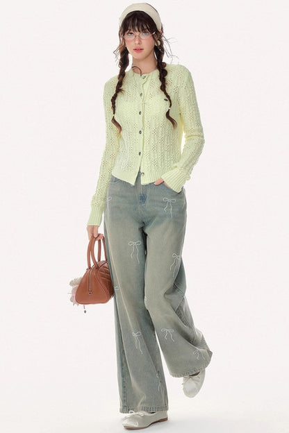 Vintage High-Waisted Diamond Bow Straight Pants