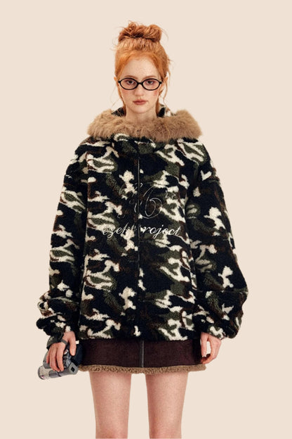 EZEK AMERICAN RETRO PELZKRAGEN KAPUZENMANTEL CAMOUFLAGE LAMMWOLLE MANTEL DAMEN FLEECE VERDICKT HERBST UND WINTER NEUE BAUMWOLLE KLEIDUNG FLUT