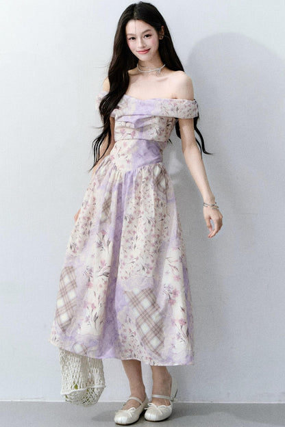 Purple Mist Plaid Off-Shoulder Dress