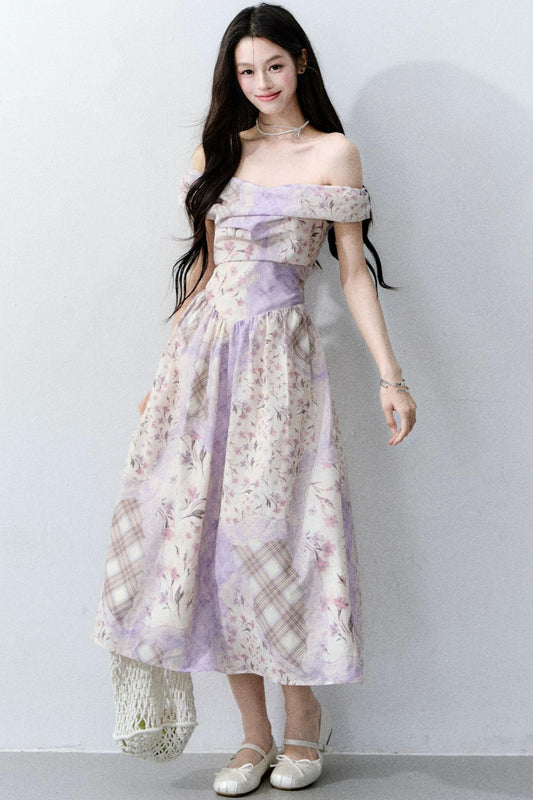 Purple Mist Plaid Off-Shoulder Dress