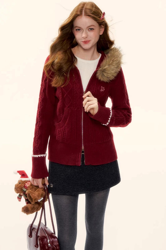 Red Hooded Knit Jacket Set-Up