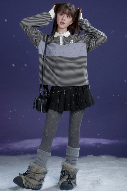 Energetic Gray-Purple Striped Polo Top