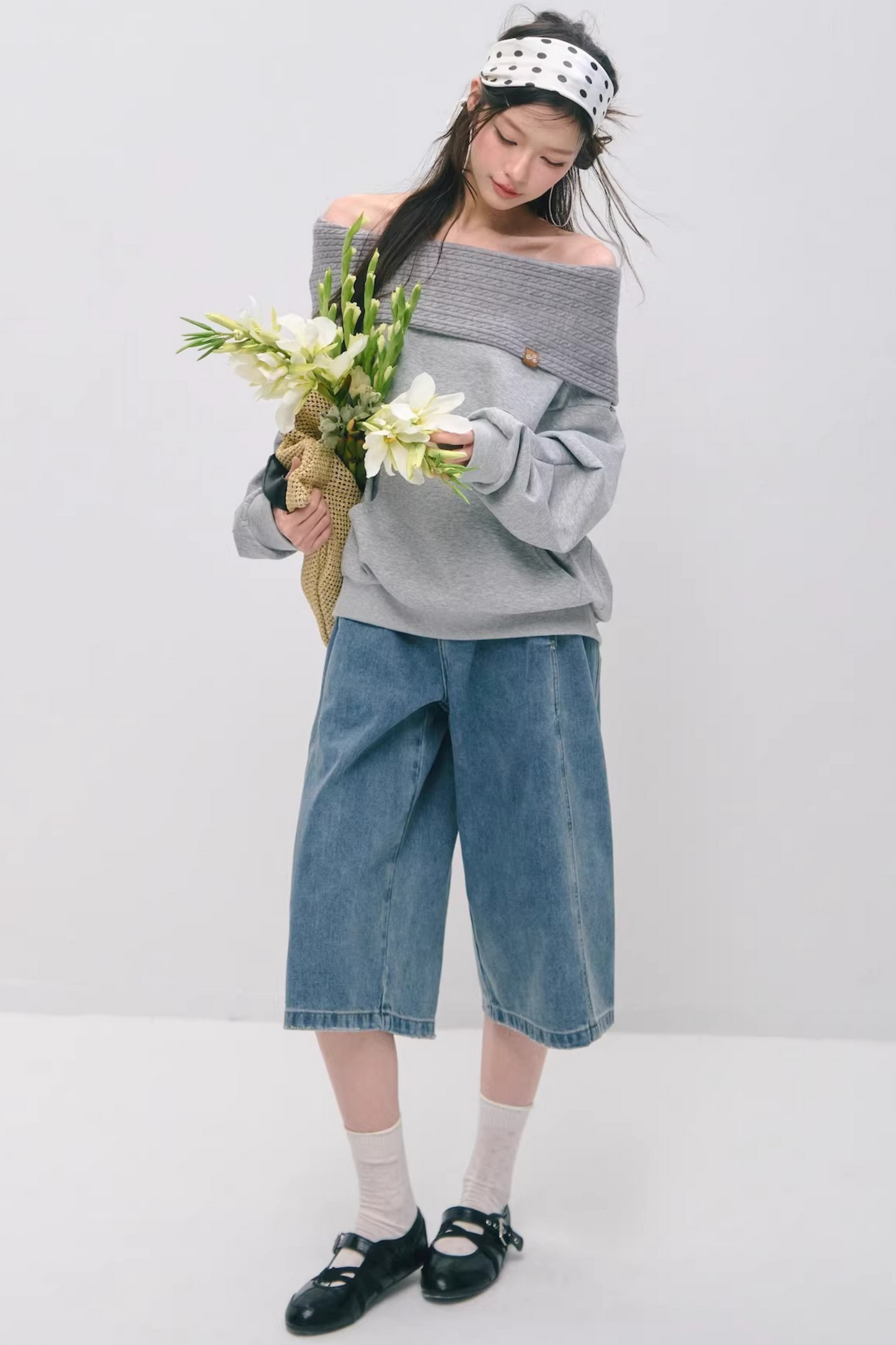 One-Line Collar Patchwork Sweater