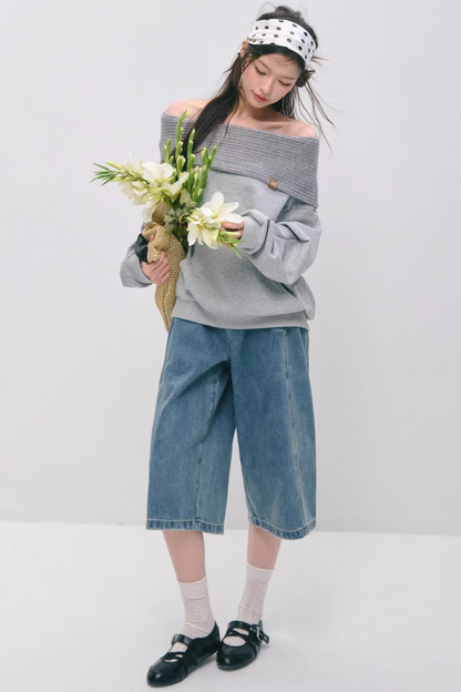 One-Line Collar Patchwork Sweater