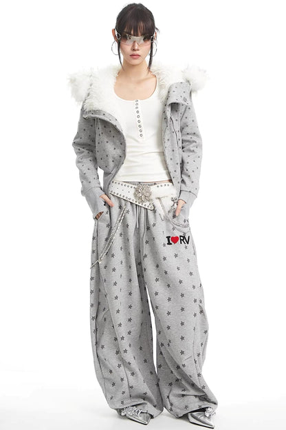 회색 별 프린트 와이드 레그 팬츠