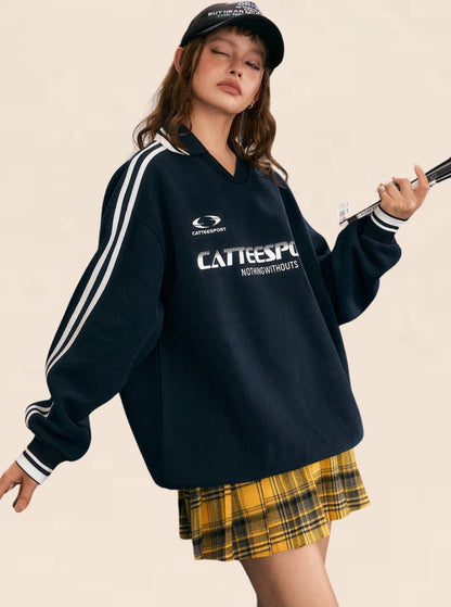 Brand Striped Sleeve V-Neck Sweatshirt