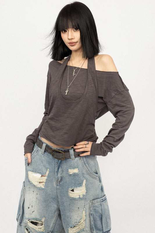 Off-Shoulder Gray Slim Top