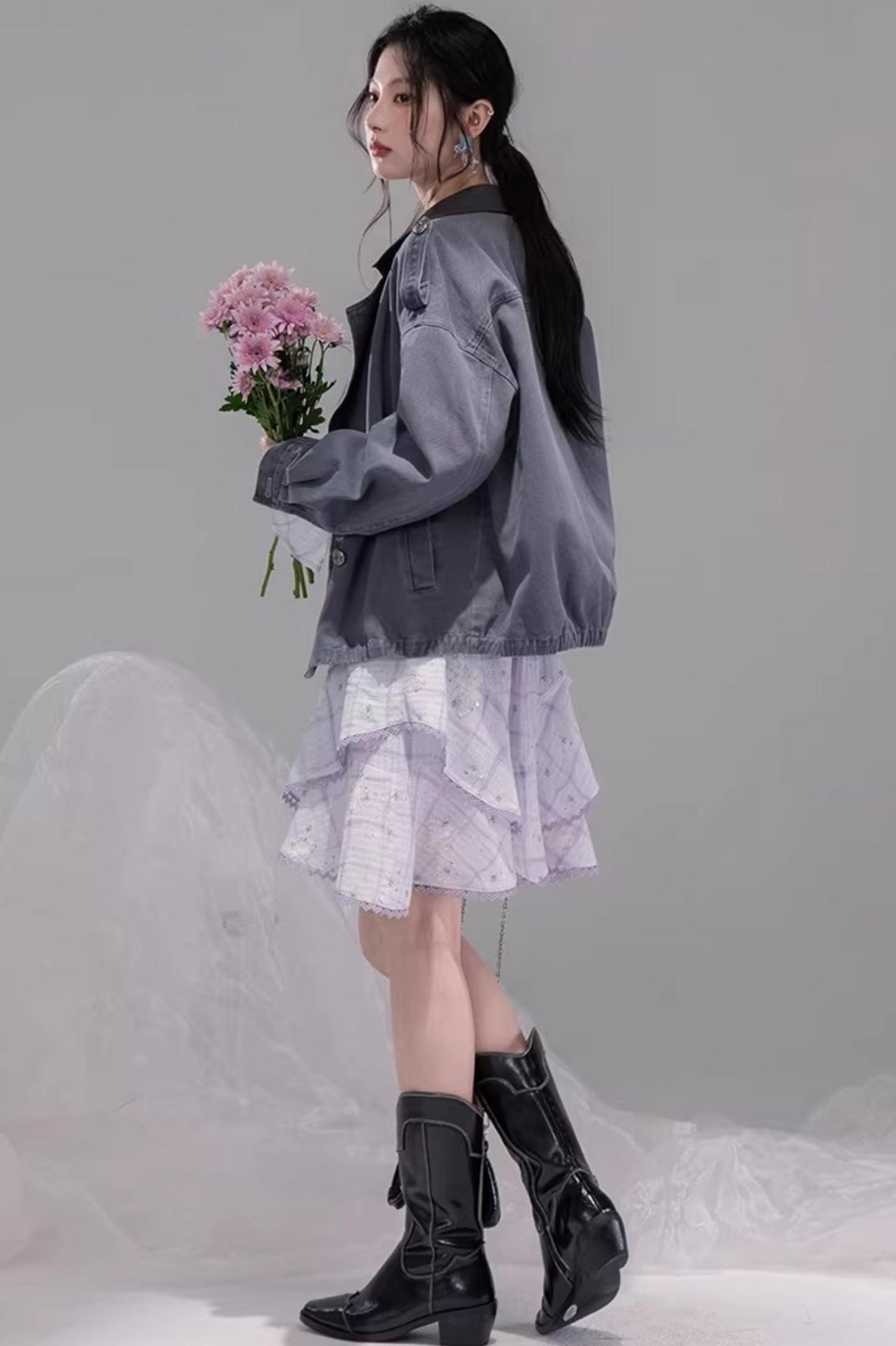 Ink Gray Leather Patchwork Jacket