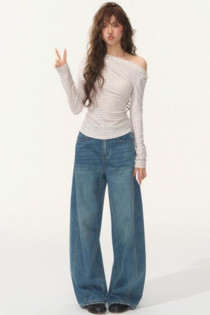 Velvet Plaid One-Shoulder Top