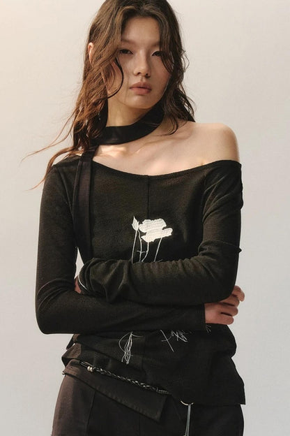 Top in Maglia con Ricamo Rose