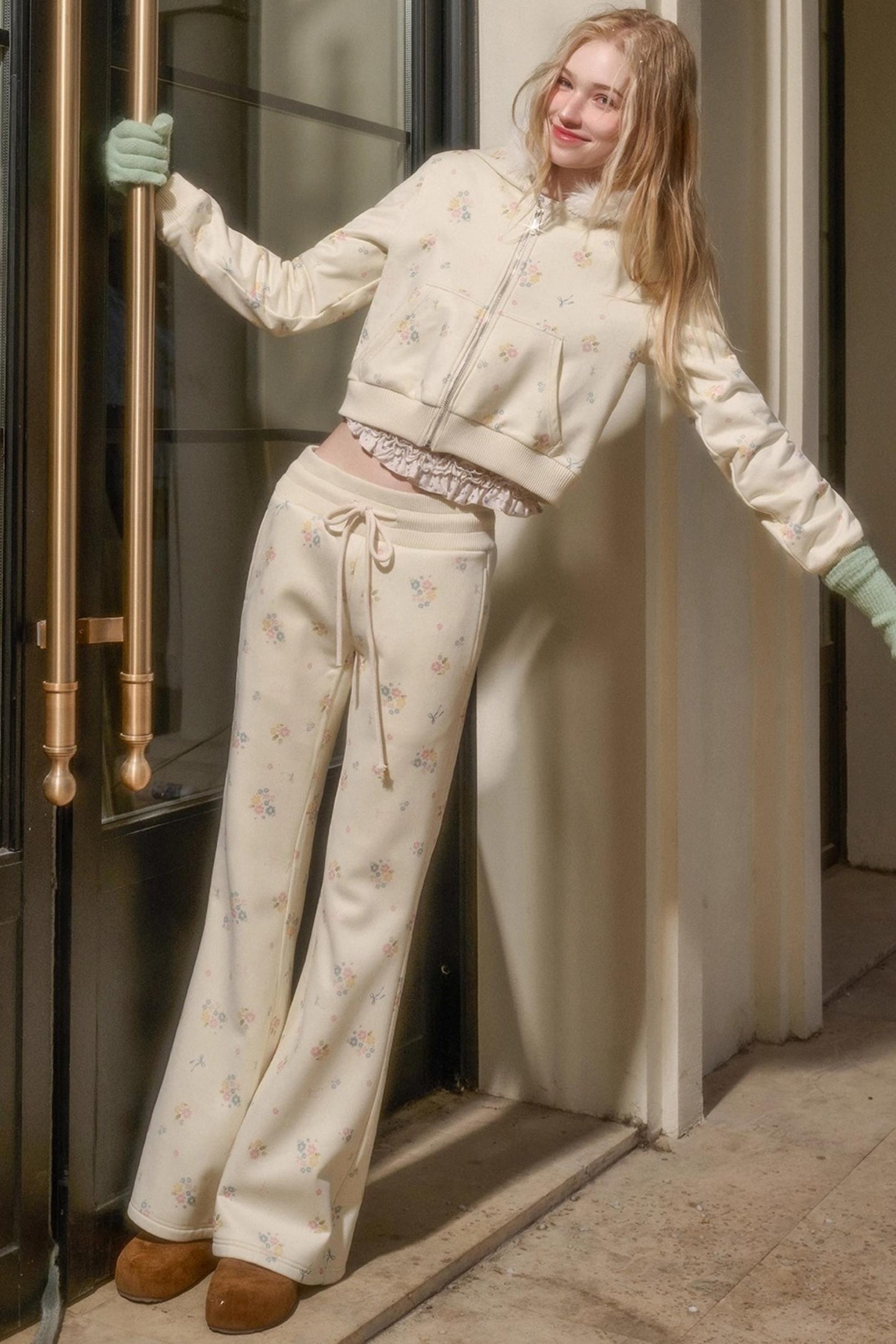 Milky Way Floral Fur Collar Jacket Set-Up