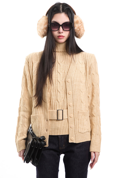 Retro Khaki Cable Knit Cardigan Set