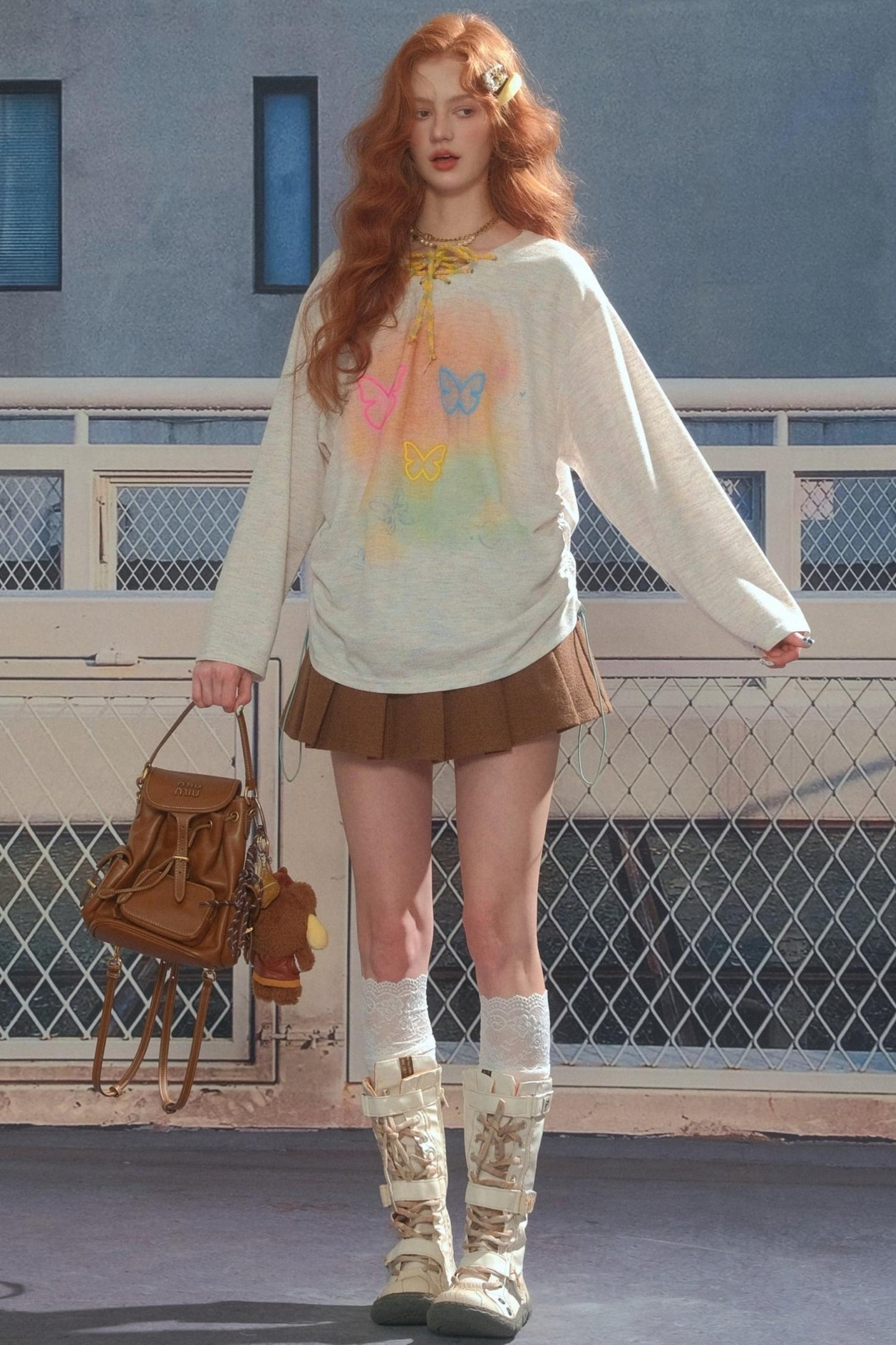 Flower Butterfly V-Neck Long Sleeve T-Shirt