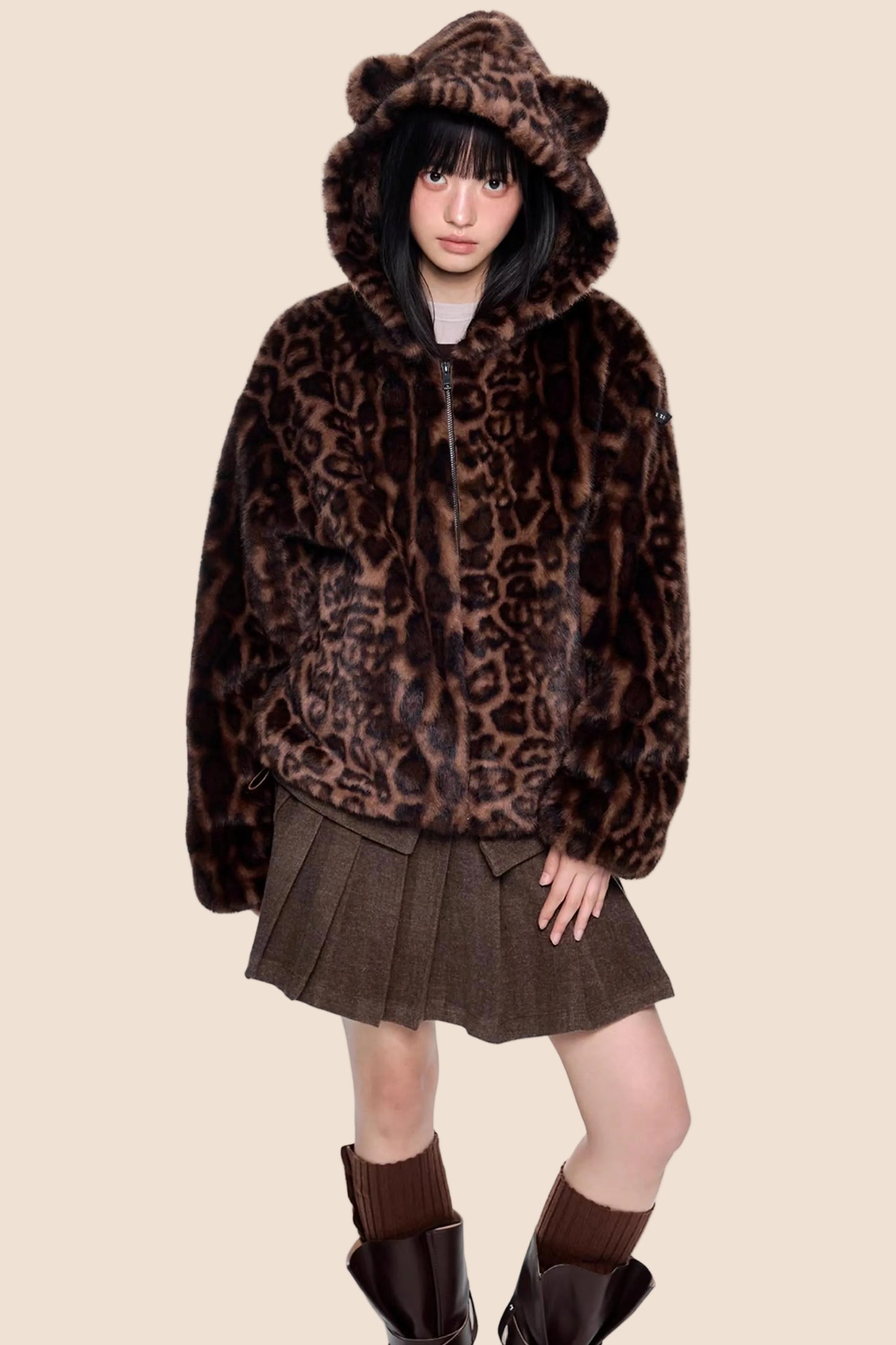 Leopard Print Hooded Furry Cotton Jacket