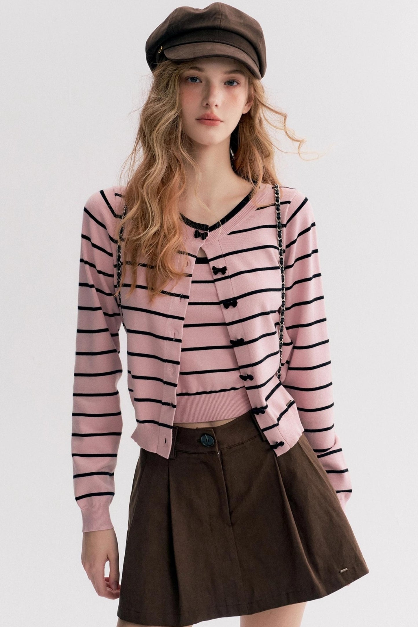 Striped Knit Suspender Cardigan & Top Set