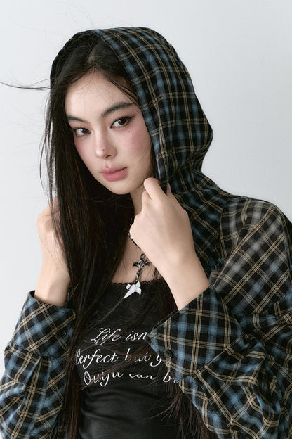 Washed Distressed Plaid Hooded Shirt