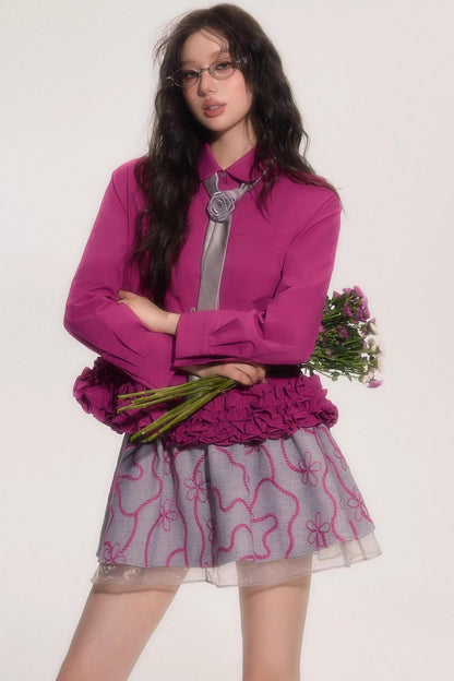 Flower Hem Shirt With Tie Set-Up