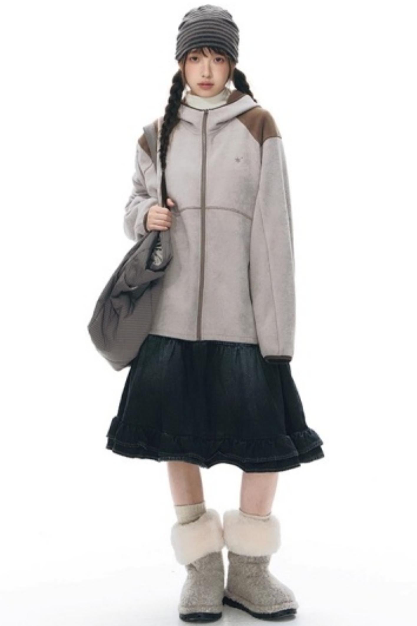 Fleece Patchwork Hooded Jacket