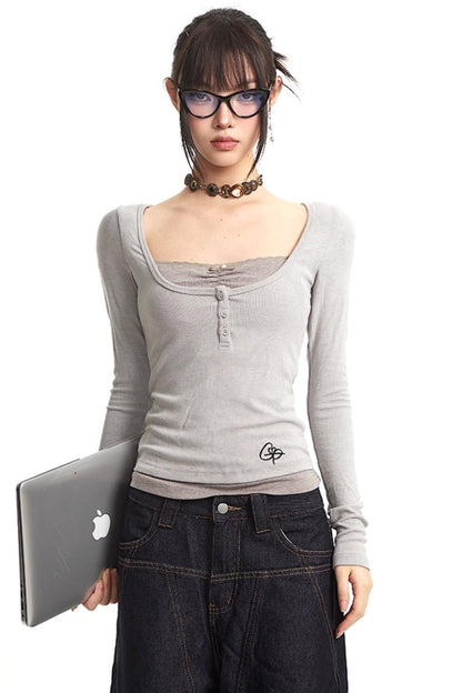 Slim Fit Fake Two-Piece Long Top